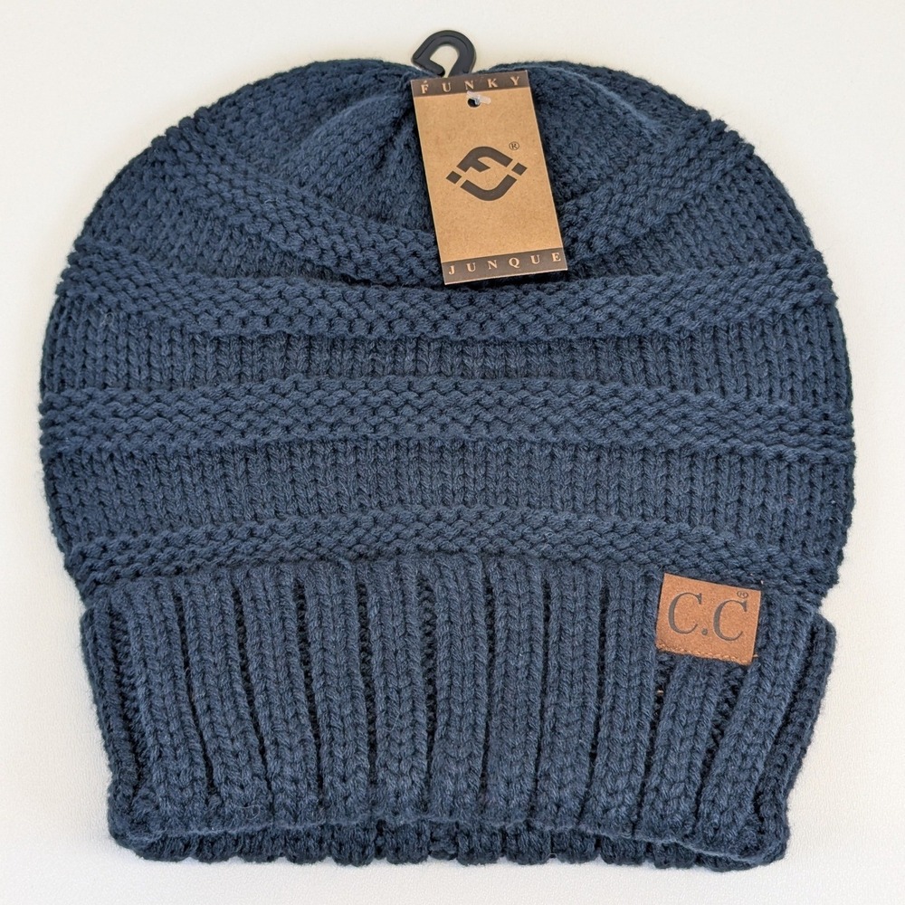C.C Funky Junque Navy Blue Cable Knit Beanie Hat  Unisex